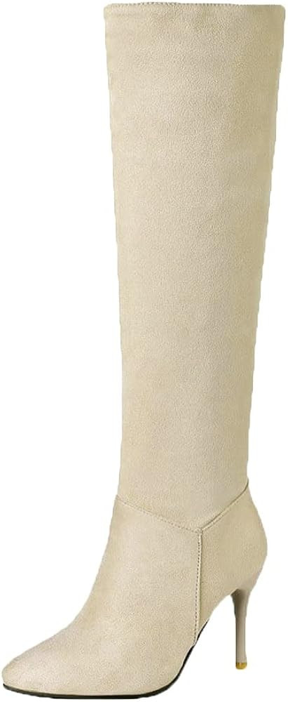 Shinelly Women Pointed Toe Stiletto High Heel Boots Zip Up Faux Suede Boot | Amazon (US)