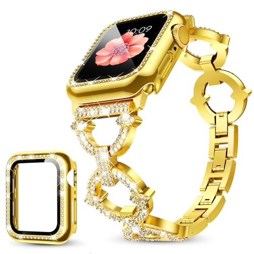 Mesime Compatible with Apple Watch Band 38mm 40mm 41mm 42mm 44mm 45mm 46mm, Women Bling Jewelry Bands with Tempered Glass Screen Protector Case, Shiny Strap for iWatch Series 11/10/9/8/7/6/5/4/3/2/1/SE | Amazon (US)