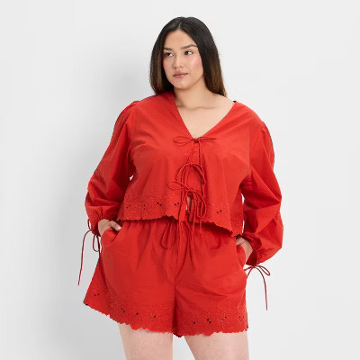 Women's Long Sleeve Eyelet Tie-Front Poplin Blouse - Future Collective | Target