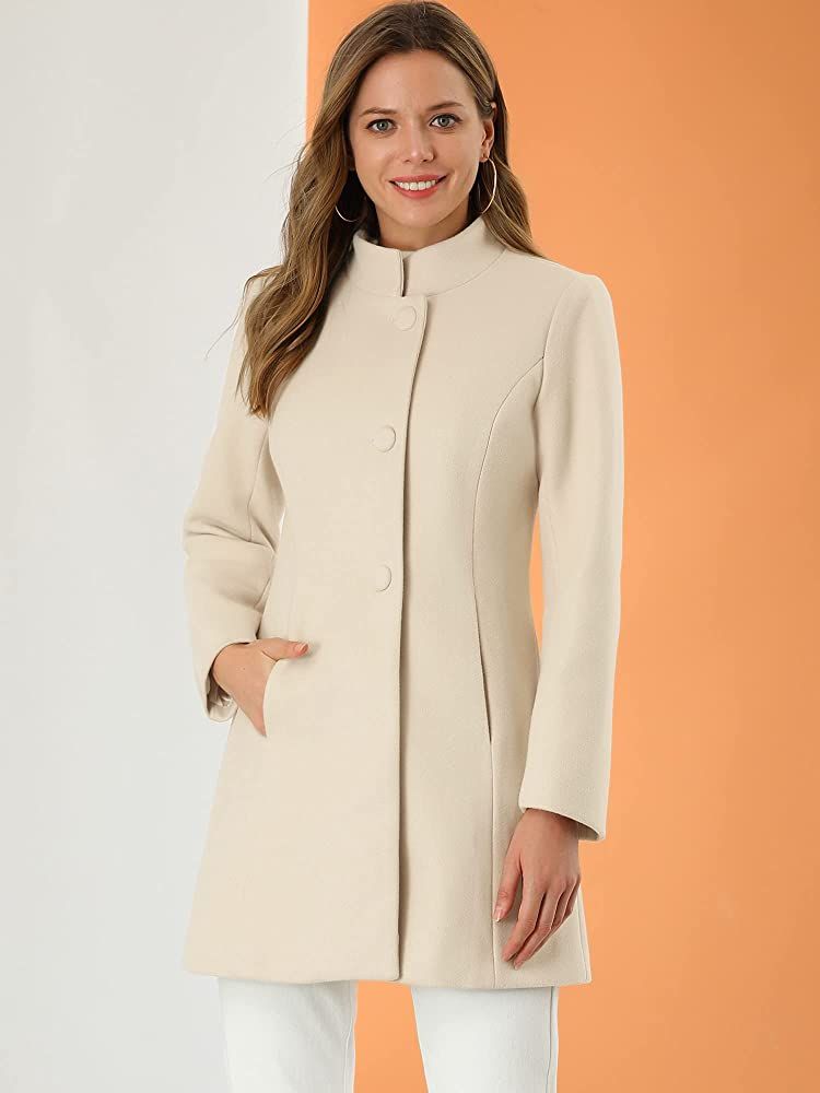 Allegra K Women's Winter Overcoat Mid-thigh Stand Collar Single Breasted Long Coat | Amazon (US)