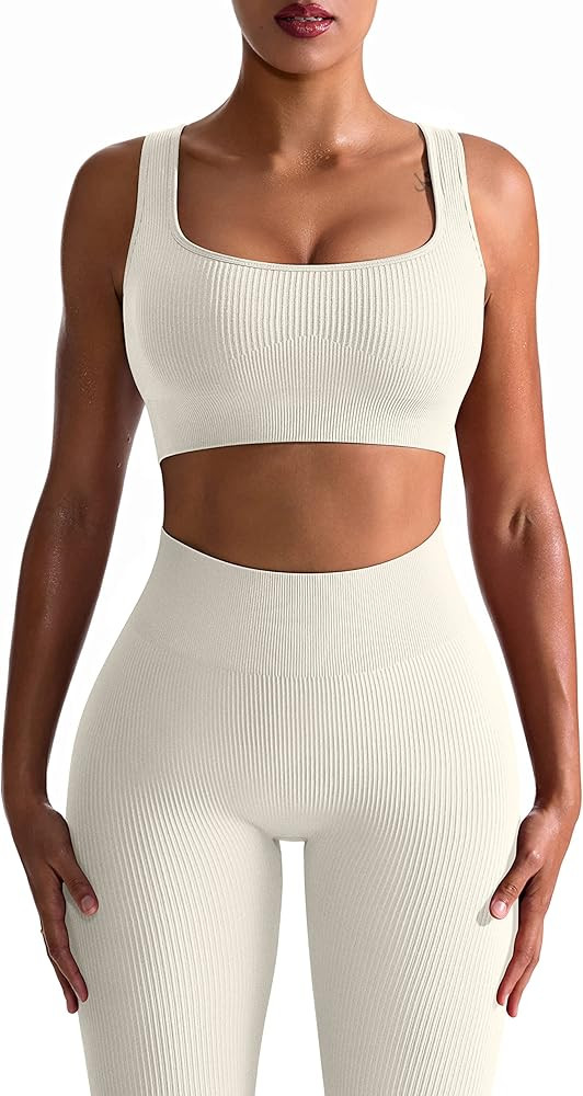 OQQ Workout Outfits for Women 2 Piece Ribbed Seamless High Waist Leggings with Crop Tank Top Exer... | Amazon (US)