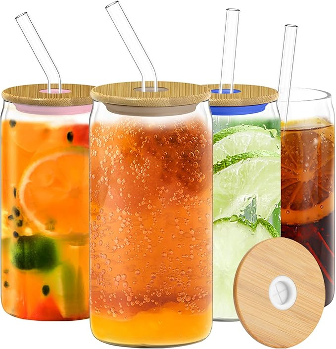 Zenbo 4pcs Set Glass Cups with Bamboo Lids and Glass Straw - Beer Can Shaped Drinking Glasses, 20... | Amazon (US)