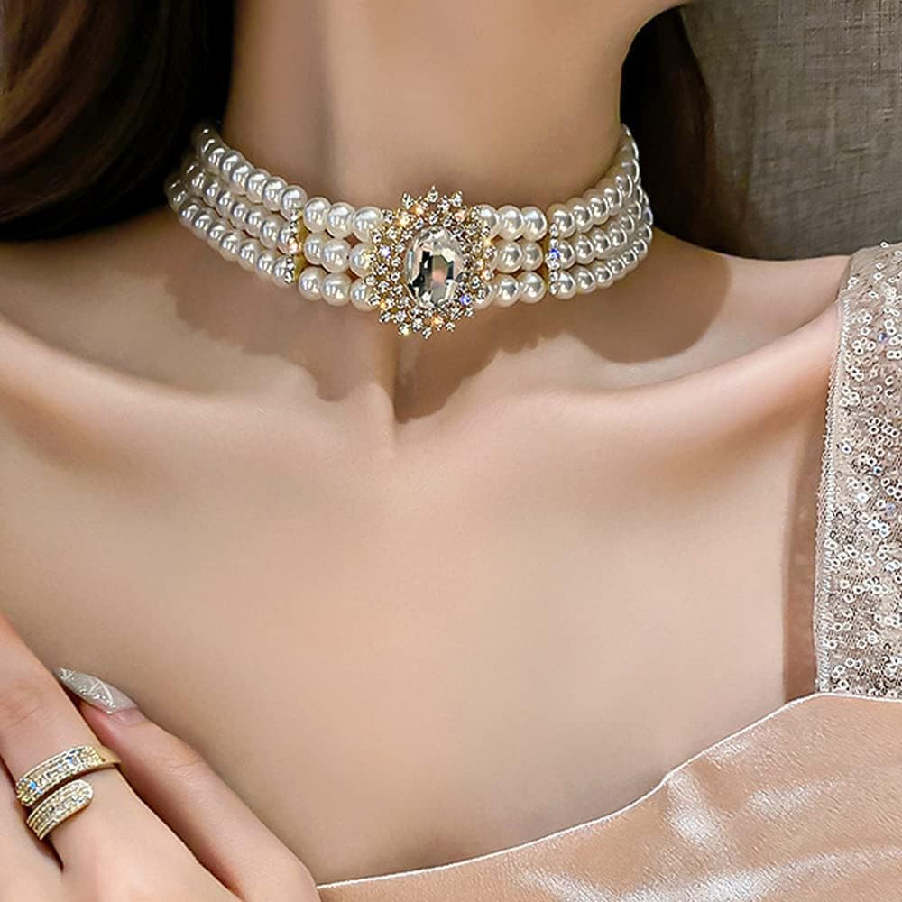 Octwine 1920s Dainty Boho Rhinestones Pearls Short Choker Necklace Chain Multilayer Choker Pendan... | Amazon (US)