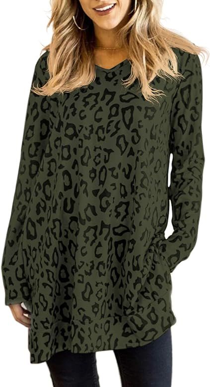 Maysoar Womens Tunic Tops Leopard Print Shirt Long Sleeve V Neck Blouse | Amazon (US)
