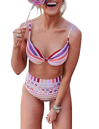 MEROKEETY Women's Halter High Waist Mesh Striped Two Pieces Bikini Set Padded Tassel Swimsuit | Amazon (US)