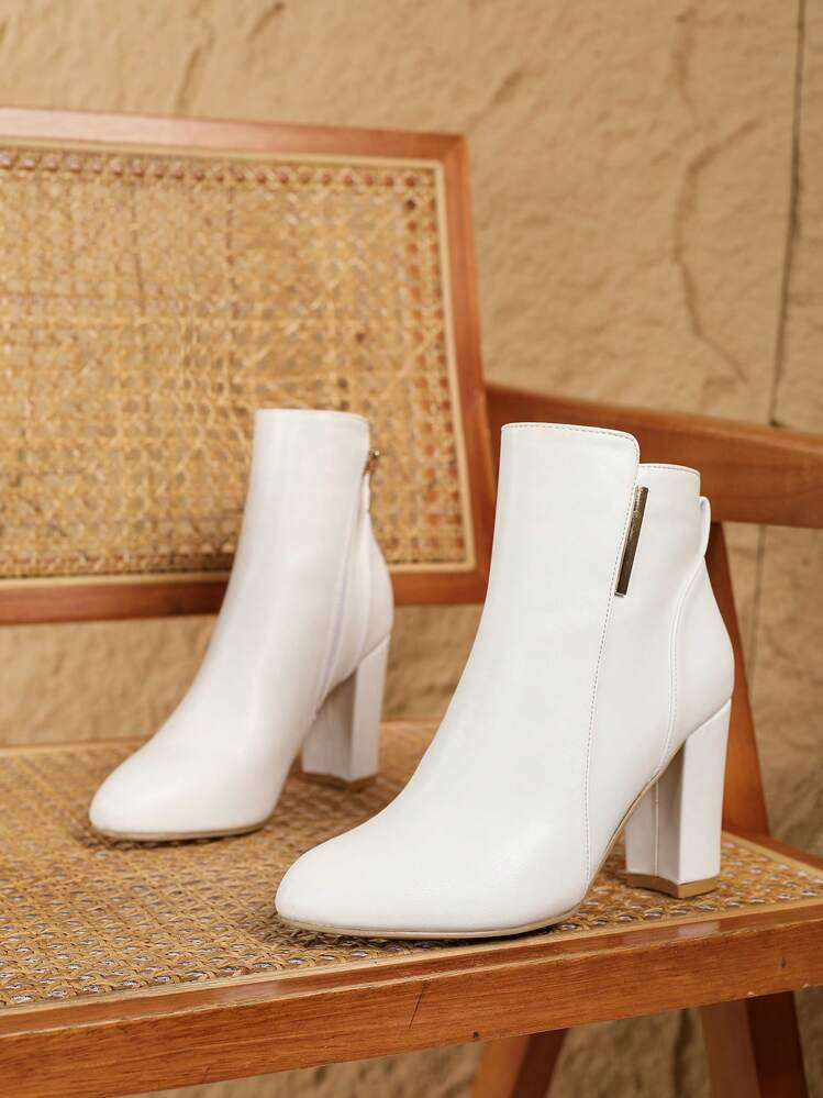 Fall/Winter Women's Short Ankle Boots, White Pointed Toe Zipper Closure, Chunky Heel, Fashion, Sweet, Elegant For Party, Not Tiring For Petite, Special Price,Boots For Women | SHEIN