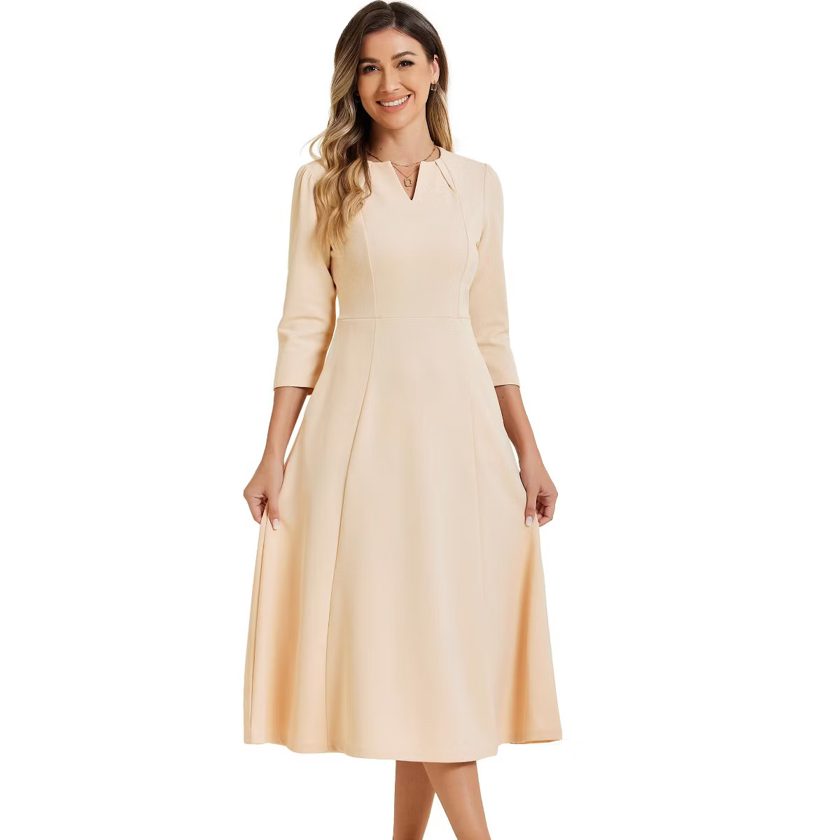 Allegra K Women's Elegant Split Neck Side Zipper Pockets 3/4 Sleeve Work A-Line Dress Black Mediu... | Target