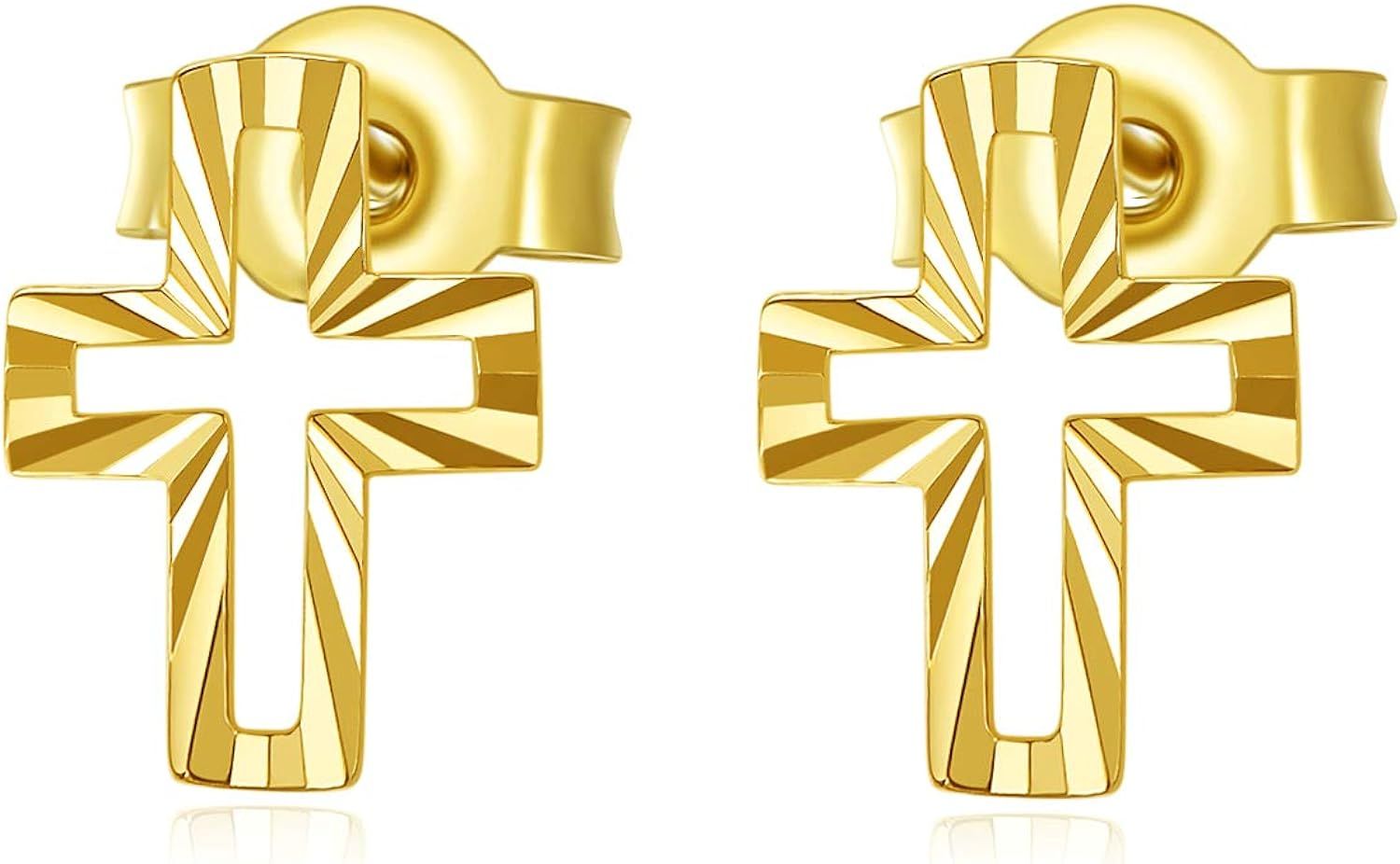 18K Solid Gold Cross Earrings for Women, Yellow Gold Diamond-cut Cross Post Stud Earrings Jewelry... | Amazon (US)