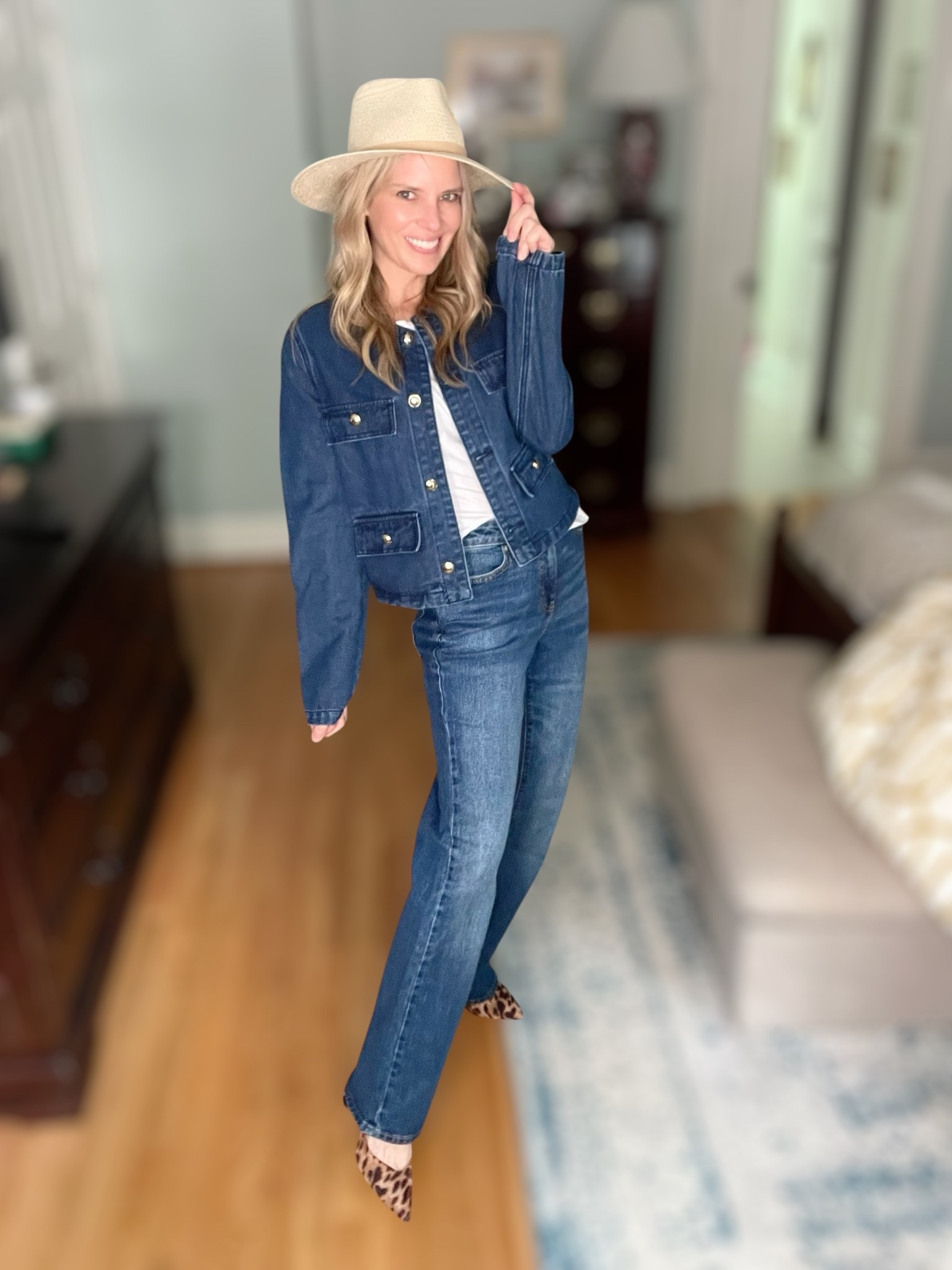 Weekend style, but make it chic ✨ I’m loving this classic denim jacket + jeans combo paired with a simple white tee for an effortless everyday look. A straw hat keeps it casual and polished, while leopard heels add that pop of fun and sophistication 🐆.

This outfit is the perfect balance of timeless and trendy—easy to wear from brunch to errands to casual dinners. Add gold jewelry for just the right amount of shine ✨.

🛍️ Shop the look:
	•	Janessa Leone straw hat
	•	Walmart Free Assembly denim jeans
	•	Amazon denim jacket
	•	Walmart Time & Tru white tee
	•	Sam Edelman leopard pumps
	•	Abbott Lyon jewelry & Ahava tennis bracelet

⸻

: fall denim outfit, Canadian tuxedo outfit, denim on denim style, classic fall look, Walmart fashion finds, Sam Edelman leopard heels, Janessa Leone hat, Abbott Lyon jewelry, Ahava tennis bracelet, chic weekend style, fall outfit inspiration, effortless everyday fashion


#LTKSaleAlert #LTKFindsUnder100 #LTKFindsUnder50