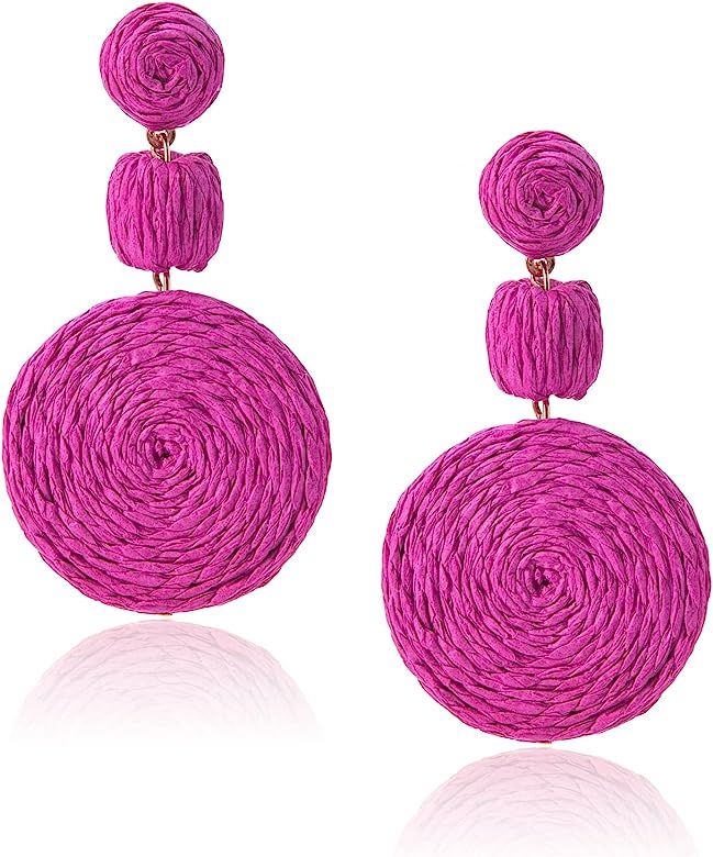 Boho Raffia Ball Earrings for Women, Statement Raffia Round Drop Earrings - Summer Beach Vacation... | Amazon (US)