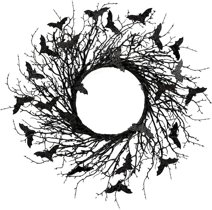 Sggvecsy 17.7"Artificial Black Twig Wreath with Glitter Bats - Handmade Sparkling Hanging Decorations for Front Door, Indoor/Outdoor Halloween Party | Amazon (US)