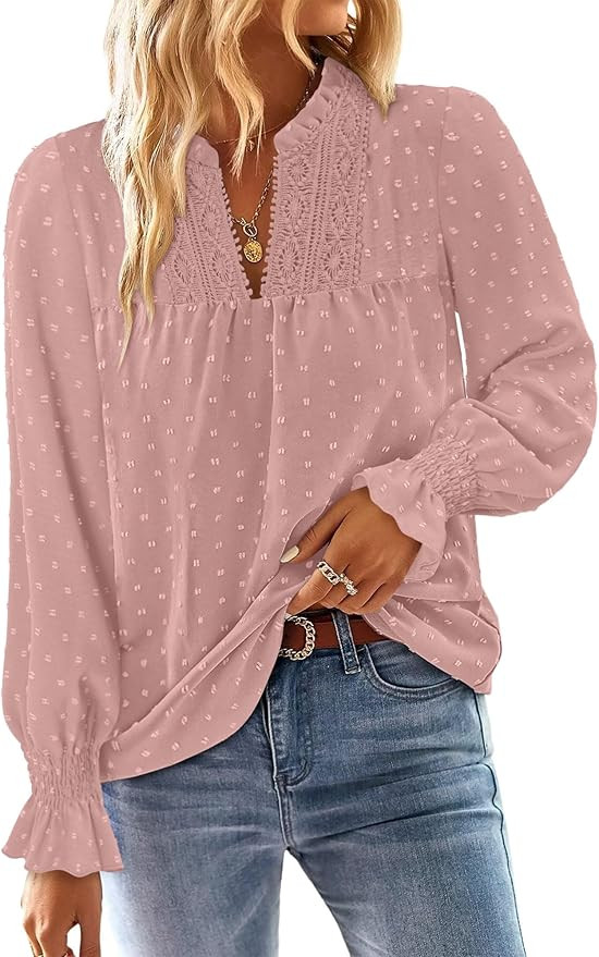 BETTE BOUTIK Women Boho Long Sleeve Shirts Dressy Casual V Neck Fall Fashion Tops Swiss Dot Flowy... | Amazon (US)