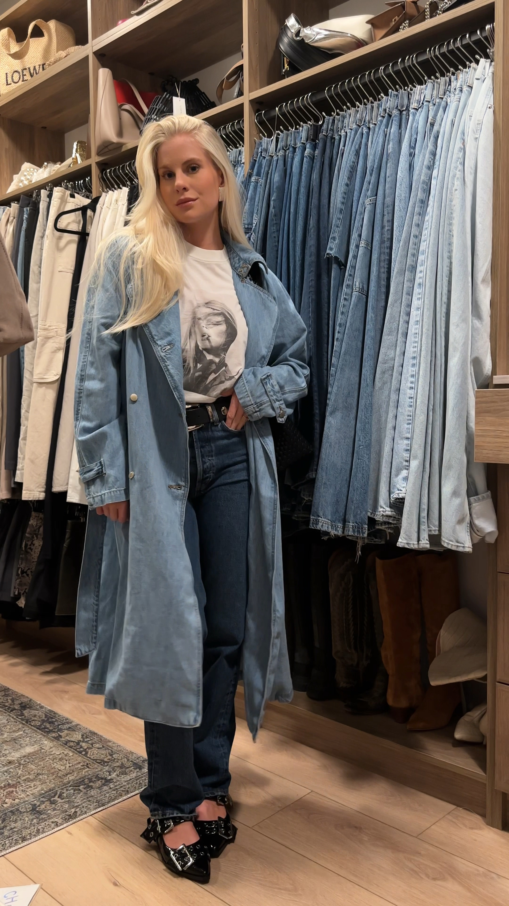 Rainy day spring outfit! Size small in denim trench coat, size small in tee, true size in blue jeans (26), sized up one size in white jeans for looser fit (27)
