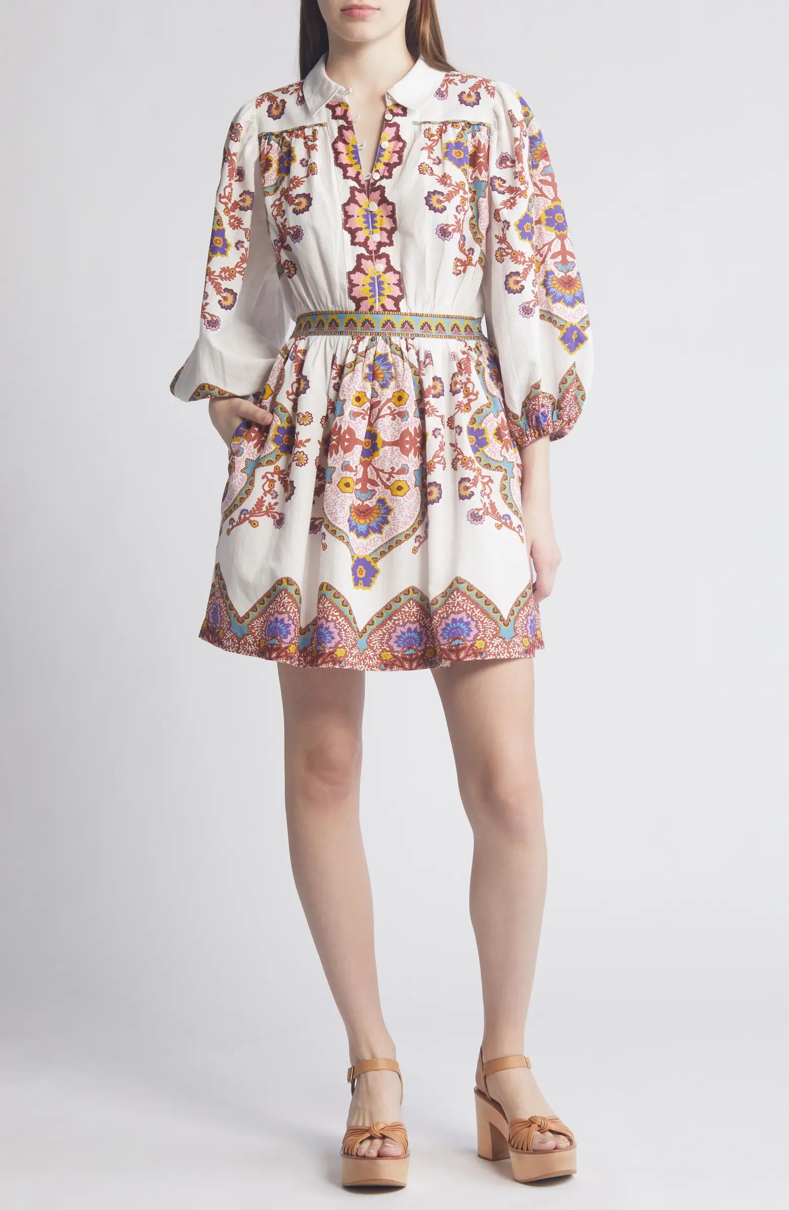 Leigh Placed Print Long Sleeve Cotton & Linen Minidress | Nordstrom