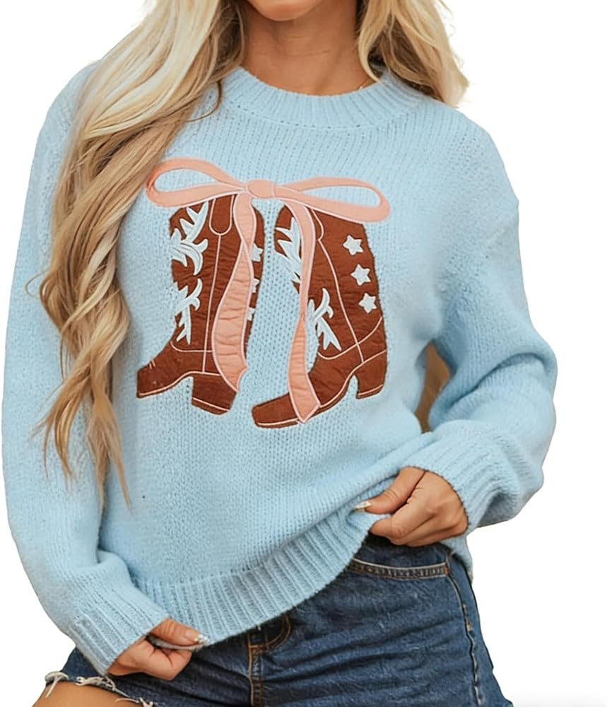 Melliflo Women's Western Bow Print Sweater Embroidered Boots Graphic Drop Shoulder Sweaters Y2k A... | Amazon (US)