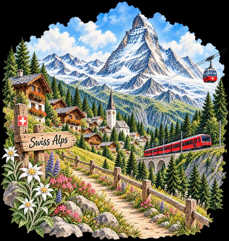 Swiss Alps Watercolor PNG, Switzerland Travel Clipart, Matterhorn PNG, Zermatt Sublimation Design... | Etsy (Global)