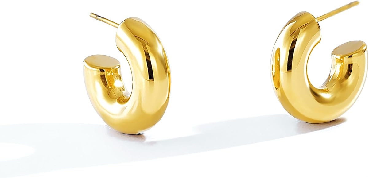 Chunky Gold Hoops Earrings for Women Thick 18K Real Gold Circle Open Hoop Lightweight Hollow Earr... | Amazon (US)