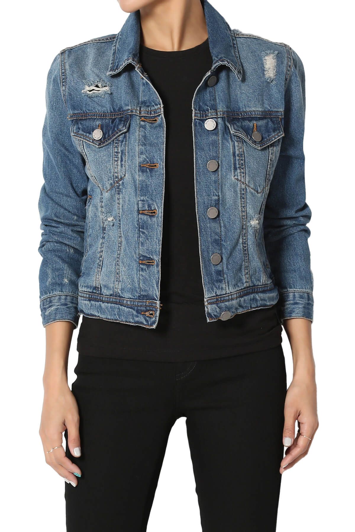 TheMogan Women's S~3X Vintage Distressed Faded Wash Denim Slim Fit Crop Jean Jacket | Walmart (US)