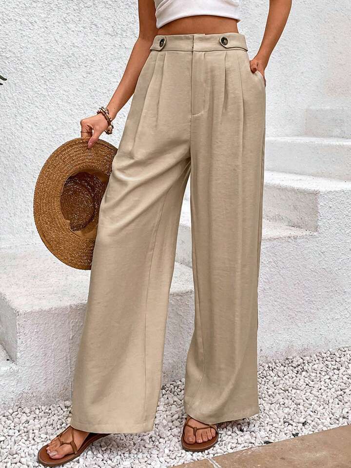 SHEIN Frenchy Solid Color Wide Leg Pants With Botton Decor And Elastic Wasitband | SHEIN