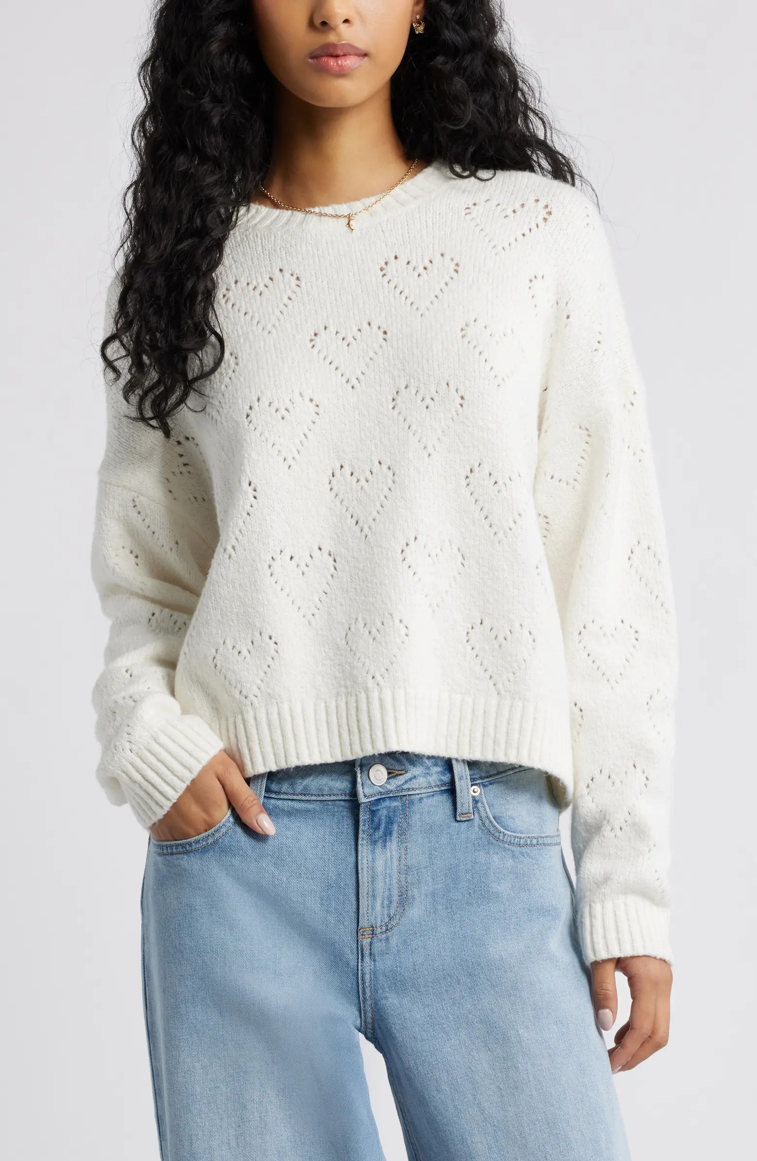 BP. Pointelle Heart Cotton Blend Sweater | Nordstrom | Nordstrom