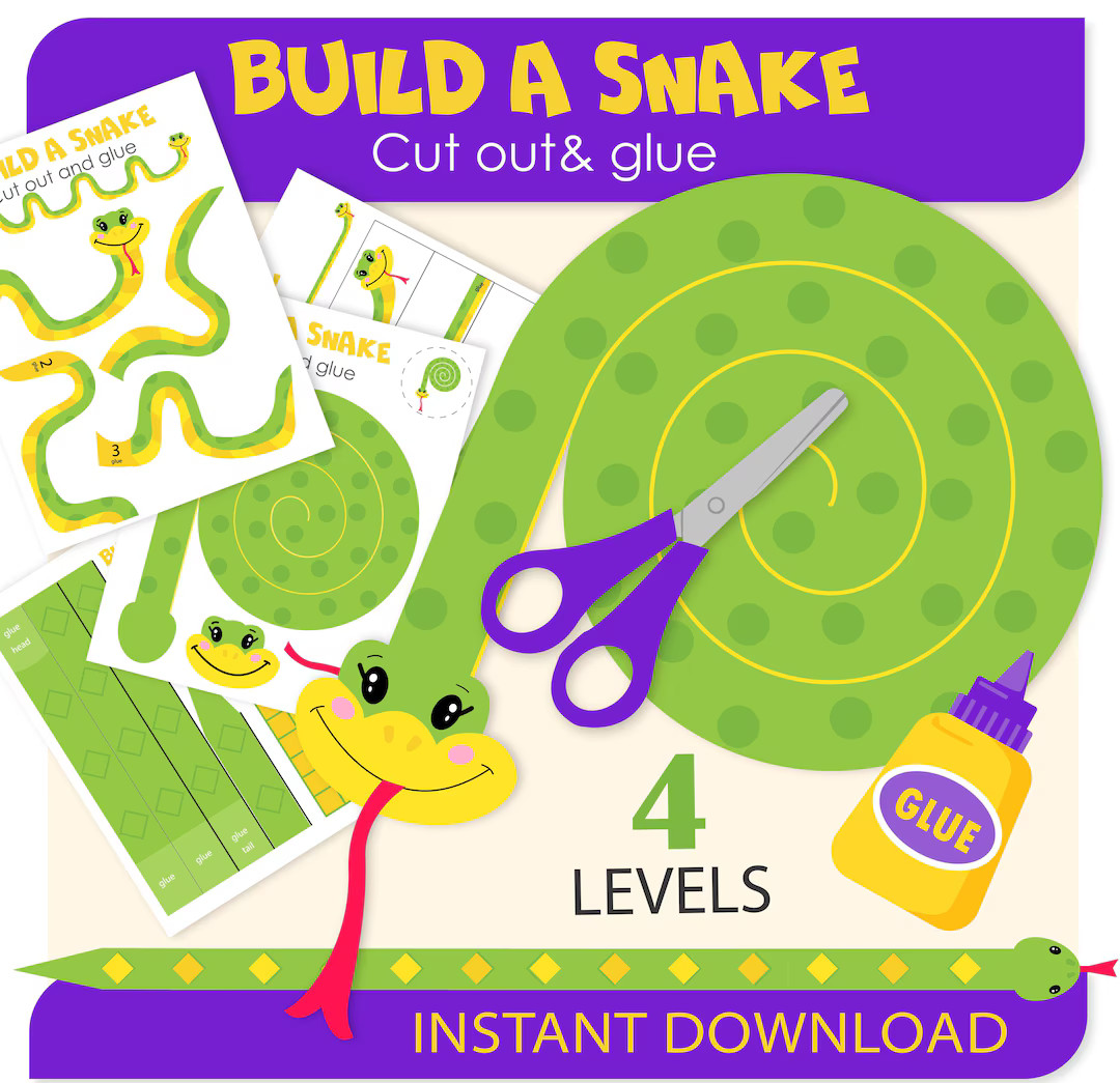 Build a Snake 2025 Cut Out and Glue Scissor Skills Spiral Practice Worksheets for Kids Printable ... | Etsy (US)