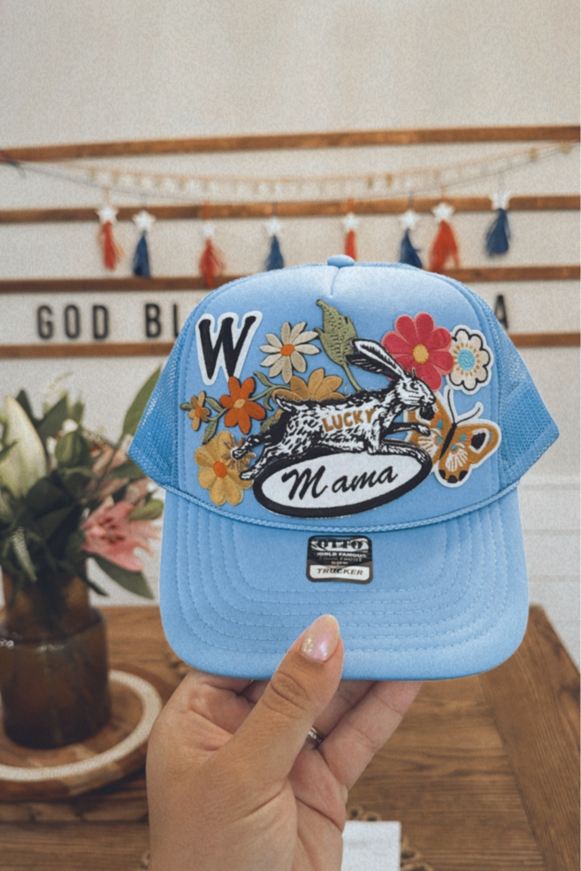 DIY trucker patch hat! 

Summer 
Trucker hats 
Hat bar 
Patch hats 
Lucky mama 
Mama 
DIY 
Customized 
Girl mom 

#LTKStyleTip #LTKSeasonal