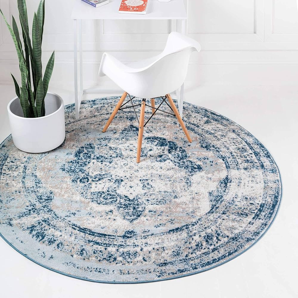 Unique Loom Sofia Collection Area Rug - Salle Garnier (4' 1" Round, Blue/ Ivory) | Amazon (US)