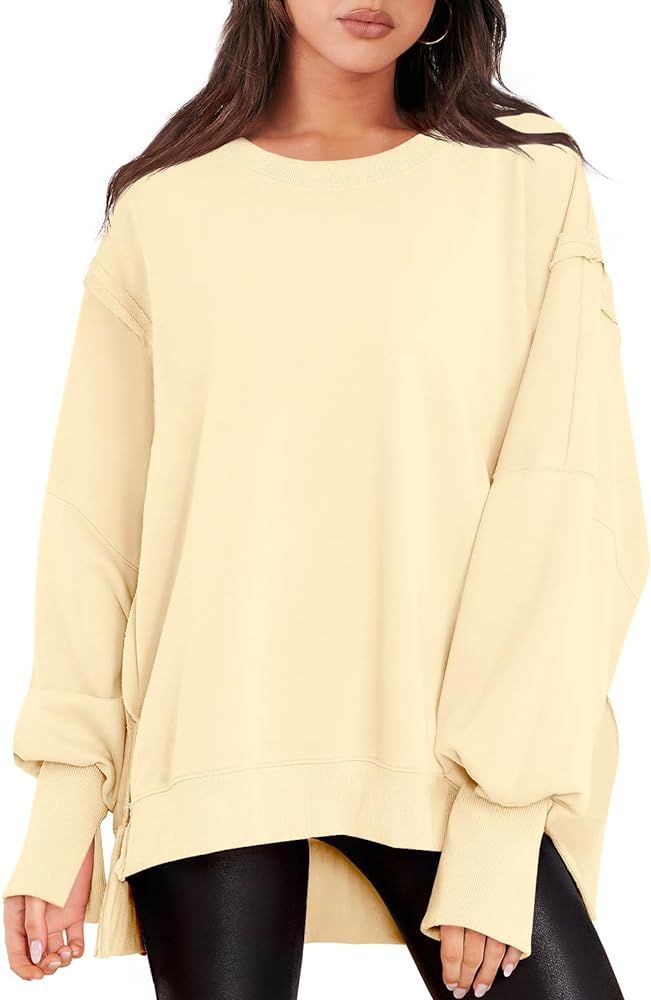 LOGENE Women's Oversized Sweatshirt Crew Neck Long Sleeve Casual Slit Pullover Tops 2023 Fall Clo... | Amazon (US)