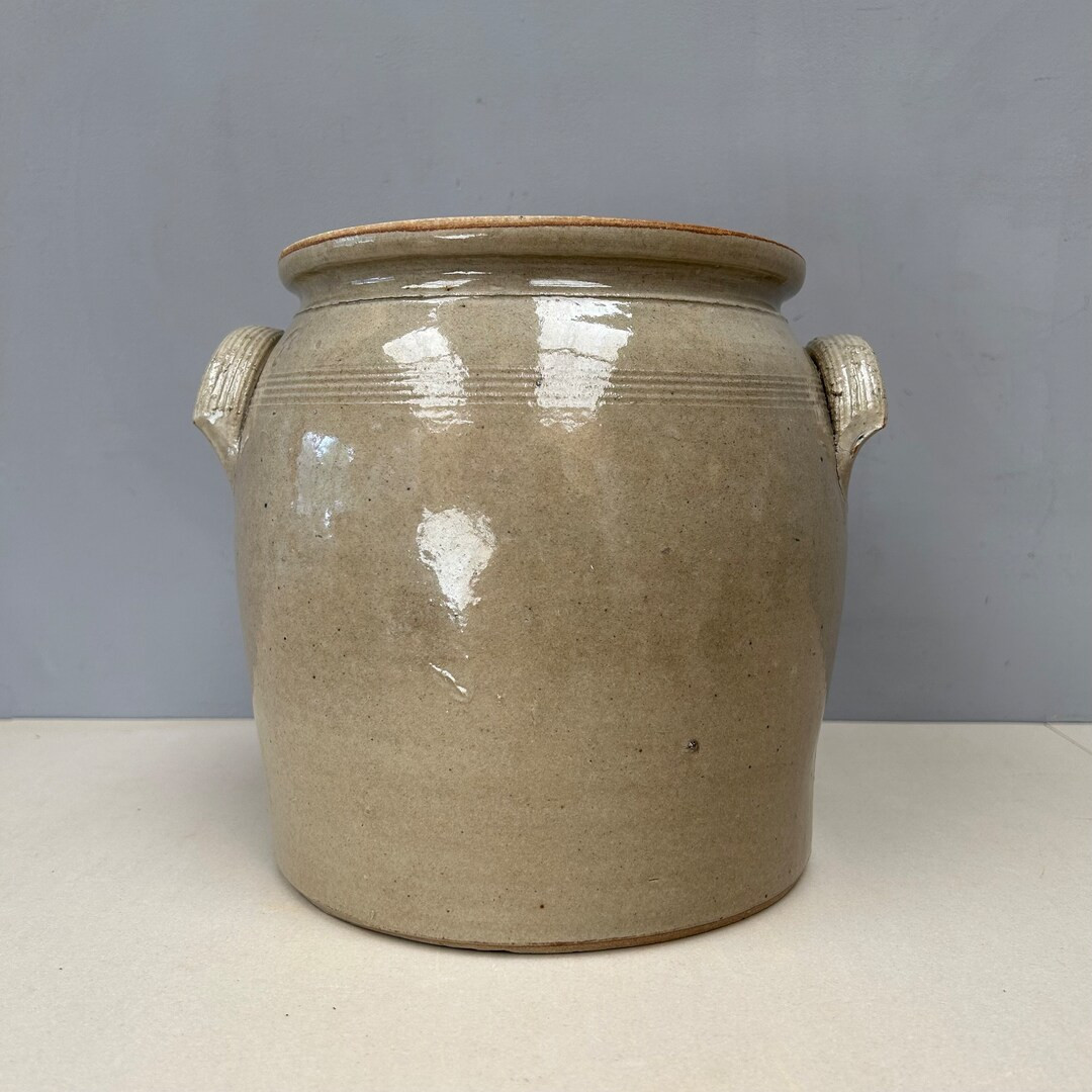 9” Extra Large Vintage French Stoneware Confit Pot With Handles Beautiful Beige Grey Gray Natur... | Etsy (US)