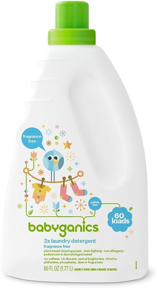Babyganics 3X Baby Laundry Detergent, HE compatible, Stain-Fighting, Fragrance Free, 60 Fl Oz | Amazon (US)