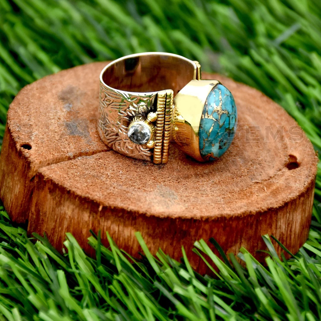 Handmade Two Tone 925 Sterling Silver Blue Copper Turquoise Ring With Blue Topaz - Etsy | Etsy (US)