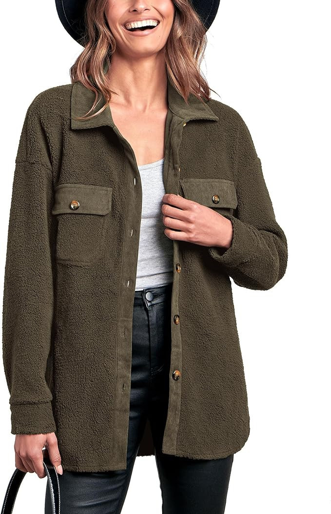 BTFBM Women's 2023 Fall Winter Button Down Shirts Sherpa Jacket Warm Long Sleeve Outerwear Faux F... | Amazon (US)