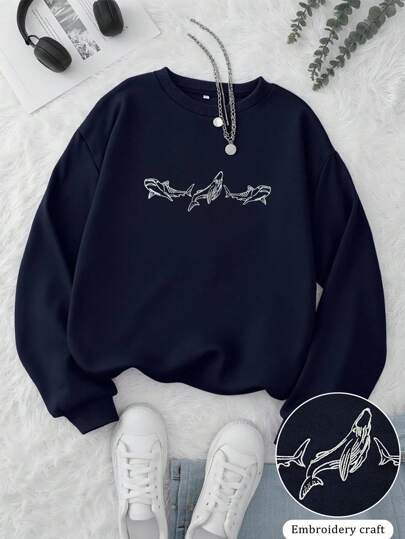 Whale Contrast Color Embroidery Casual Pullover Crew Neck Long Sleeve Sweatshirt Fall | SHEIN