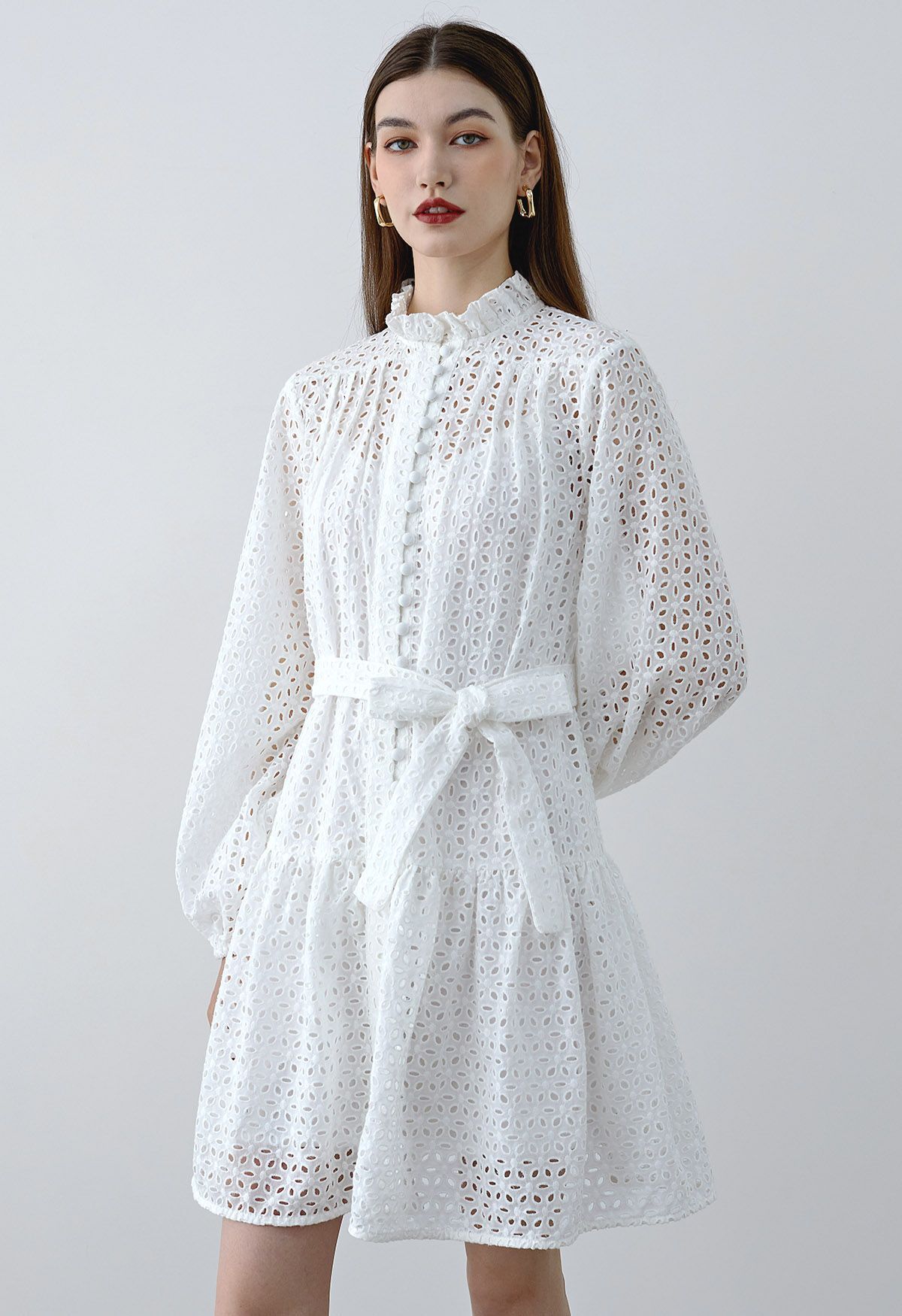 Floral Cutwork Button Down Belted Long-Sleeve Dress in White | Chicwish
