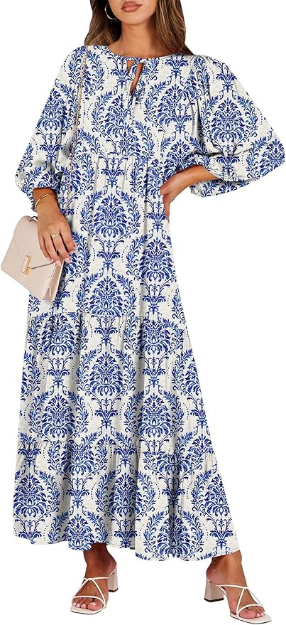 ANRABESS Womens Boho Maxi Dresses 2026 Summer V Neck Puff Sleeve Floral Flowy Swing Fall Casual L... | Amazon (US)