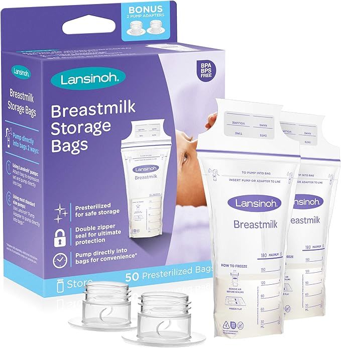 Lansinoh Breastmilk Storage Bags with Pump Adapters for Bags, 50 Count (Pack of 1) | Amazon (US)