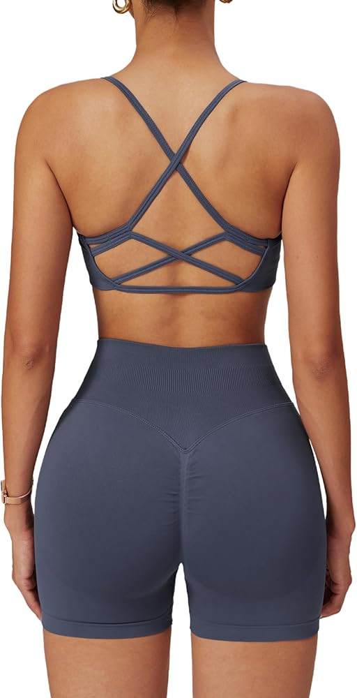 ABOCIW 2 Piece Seamless Workout Sets for Women Scoop Neck Strappy Sports Bra Scrunch Butt Lifting... | Amazon (US)