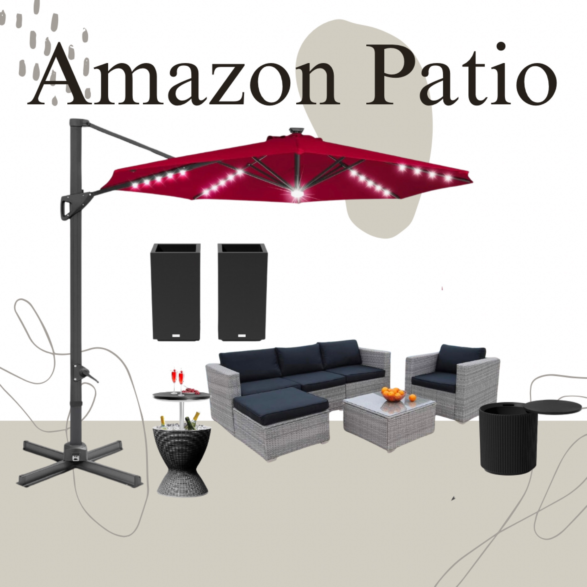 Amazon Patio must haves
6 piece sectional
Cooler table
LED solar powered umbrella 
Tall planters
And some fun floaties

#LTKSeasonal #LTKSummerSales #LTKSwim