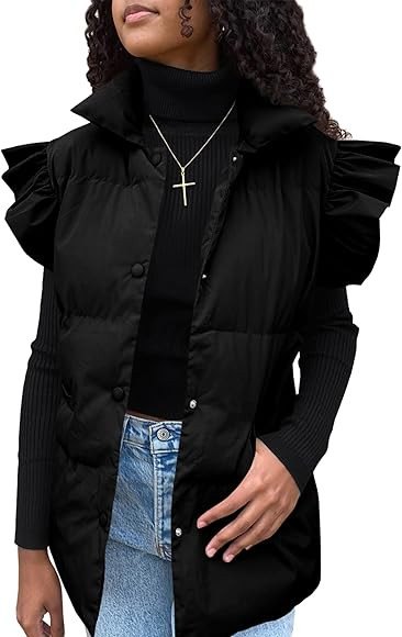 Silly Turtle Women's Ruffle Sleeve Puffer Vest Button Down Padded Quilted Vest Winter Coat Jacket | Amazon (US)