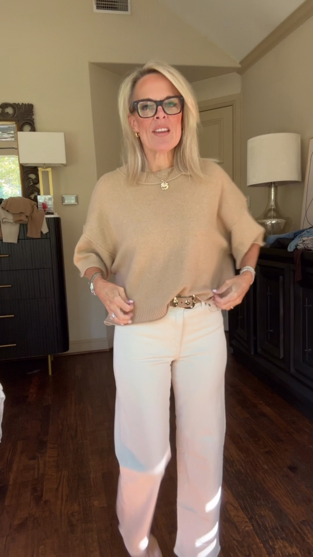 Tonight’s outfit 

These ecru denim are fantastic, fit true to size. Looks like they’ve sold through again and most sizes on pre order. With this cashmere short sleeve sweater that I wear on repeat so good. Lots of colors 

#LTKFamily #LTKStyleTip #LTKOver40