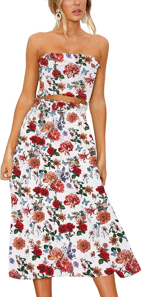Angashion Women's Floral Crop Top Maxi Skirt Set 2 Piece Outfit Dress | Amazon (US)