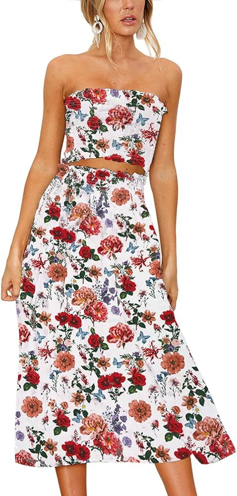Angashion Women's Floral Crop Top Maxi Skirt Set 2 Piece Outfit Dress | Amazon (US)