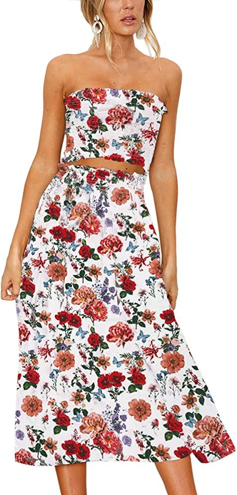 Angashion Women's Floral Crop Top Maxi Skirt Set 2 Piece Outfit Dress | Amazon (US)