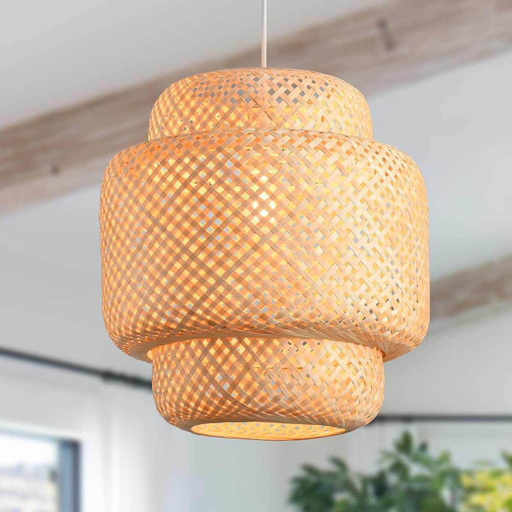 Boho Bamboo Light Fixture 15.8" Rattan Pendant Light Kitchen Island Farmhouse Chandelier Woven Di... | Amazon (US)
