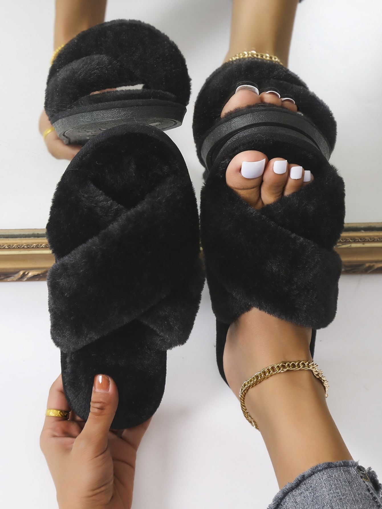 Fashion Black Slippers For Women, Fluffy Criss Cross Slippers | SHEIN