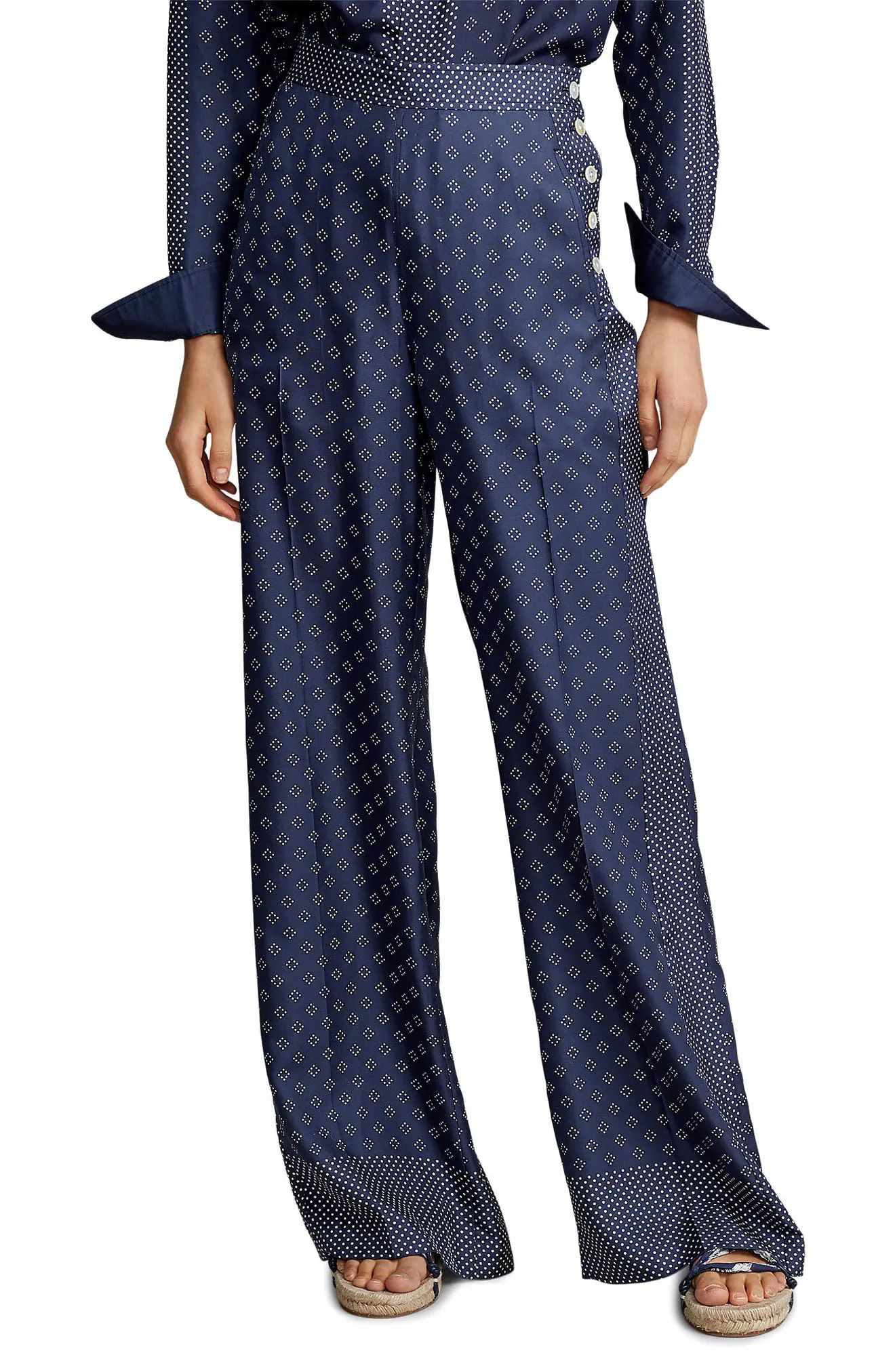 Polo Ralph Lauren Scarf Print Wide Leg Silk Trousers in Navy/White Print at Nordstrom, Size 2 | Nordstrom