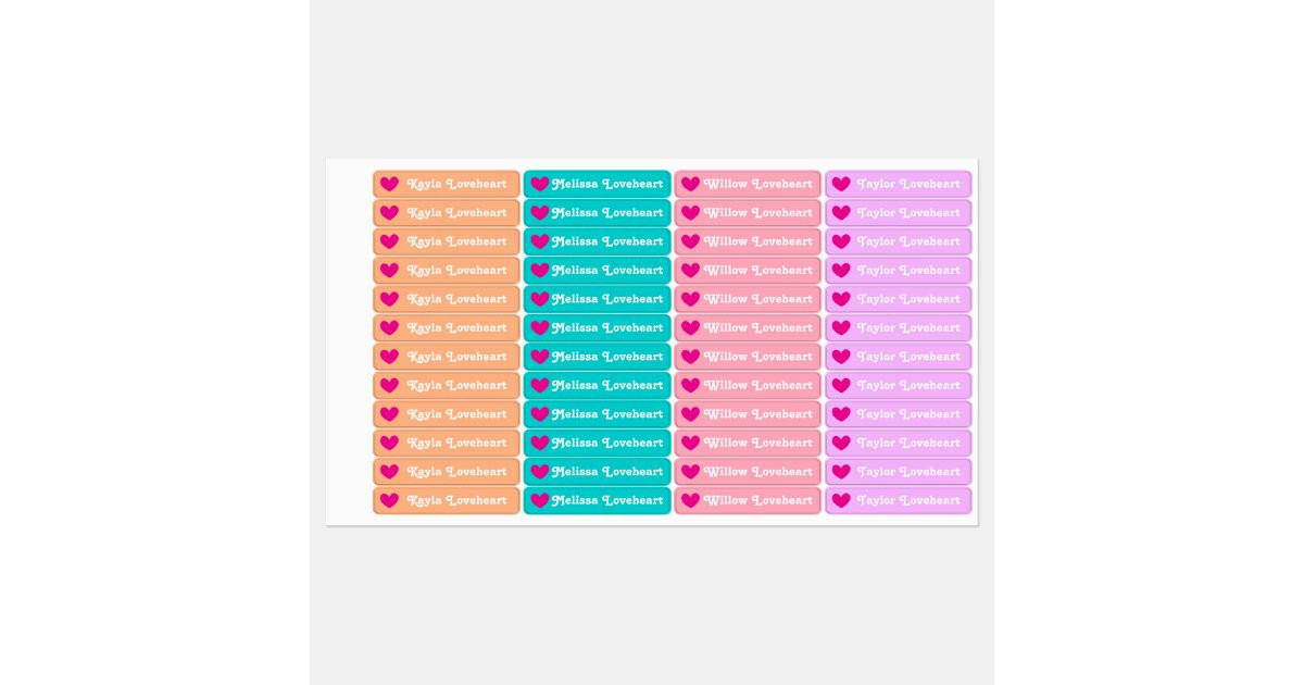 Kids id named heart pink aqua purple coral girls kids' labels | Zazzle
