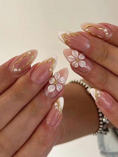 24pcs Short Pointed Nail Stickers, Gold Line French White Flower Pearl Cute Nail Sticker Set (Inc... | SHEIN