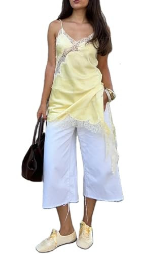 Women Lace Trim Satin High Low Tops Silk Spaghetti Strap Side Split Asymmetrical Cami Top Flowy Silky Layering Tops(Yellow,Medium) | Amazon (US)