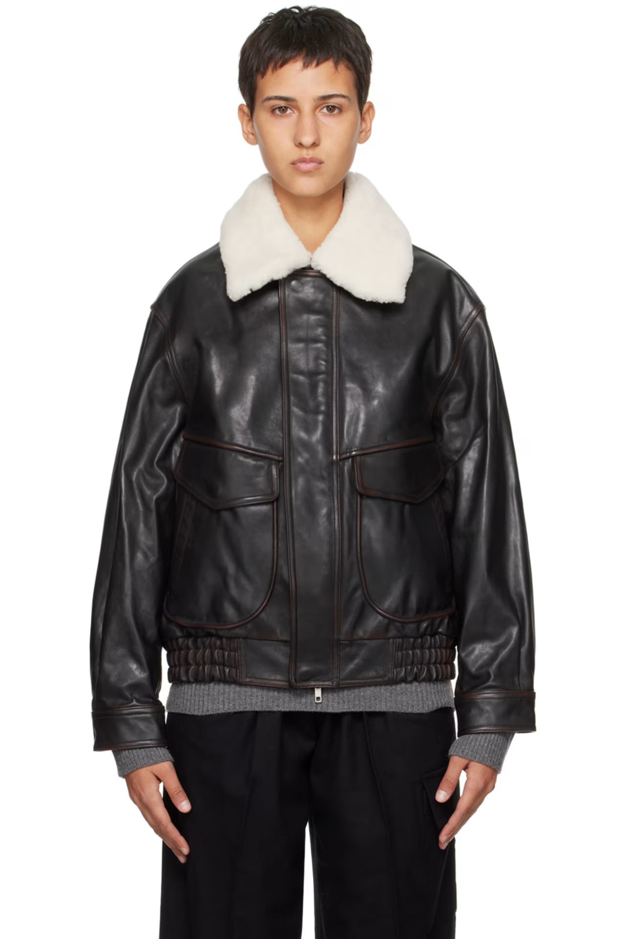 Brown Zip Leather Jacket | SSENSE